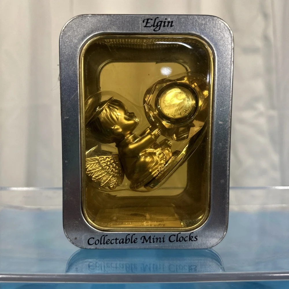 Elgin Collectible Mini Clock Angel Quartz New Gold Tone Never Opened Stone Heart